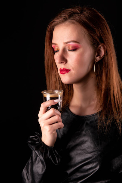 woman drinking coffee studio portrait - Photo, Image