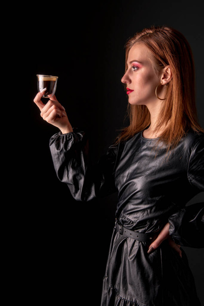 woman drinking coffee studio portrait - Фото, изображение