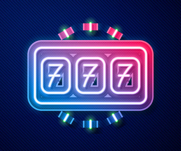 Glowing neon line Slot machine with lucky sevens jackpot icon isolated on blue background. Vector - Vektor, kép