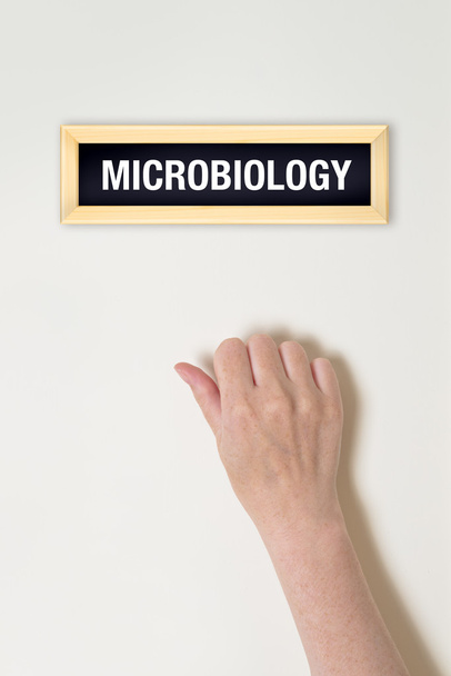 女性の手は微生物学のドアをノックします。 - 写真・画像