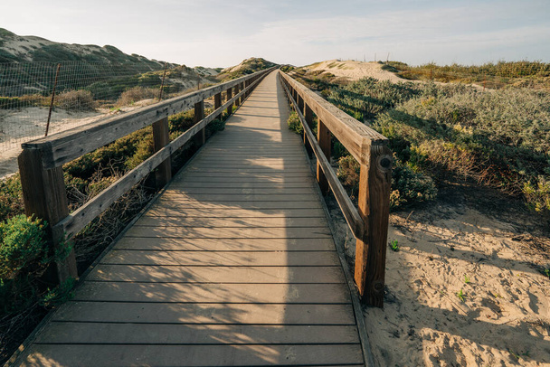 Rustic wooden beach boardwalk through sand dunes leading to the beach - Foto, imagen