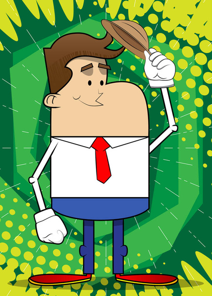 Ένα απλό ρετρό καρτούν ενός επιχειρηματία που βγάζει το καπέλο του. Επαγγελματική οικονομική υπάλληλος λευκό πουκάμισο φορώντας με κόκκινη γραβάτα. - Διάνυσμα, εικόνα