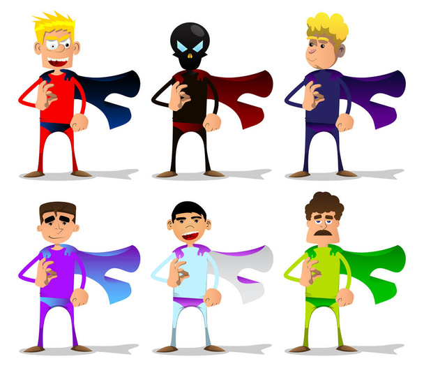 Uomo dei cartoni animati divertente vestito da supereroe mostrando segno ok. Illustrazione vettoriale. - Vettoriali, immagini