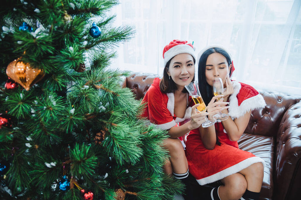 Дві сексуальні Санта-жінки святкують різдвяну вечірку разом з вином вдома
. - Фото, зображення