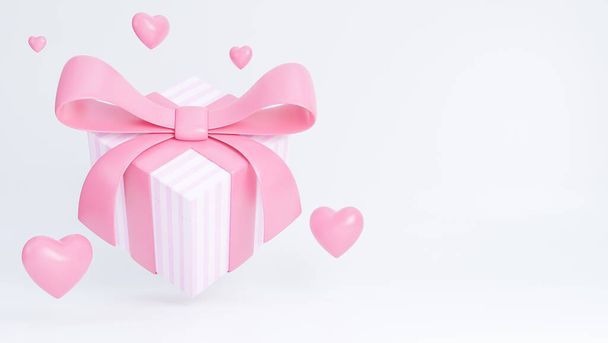 Feliz día de San Valentín banner con caja de regalo y corazones objetos 3d sobre fondo rosa., modelo 3d e ilustración. - Foto, imagen