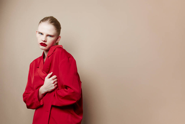 woman cosmetics red lips fashion Lifestyle posing - Фото, изображение