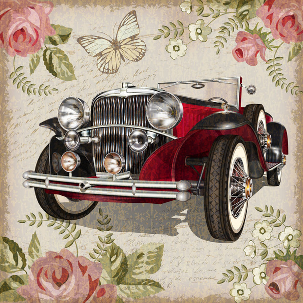 Vintage postcard with retro car and flowers - Vector, Image