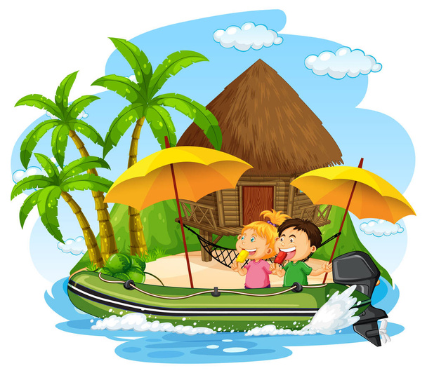 Bungalow on the island with children on inflatable boat illustration - Вектор,изображение