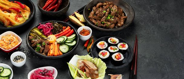 Assortment of Korean traditional dishes. Asian food. panorama - Fotó, kép