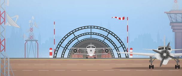 Military airport, take-off strip and flight control point. Cartoon style. - Vector, Image