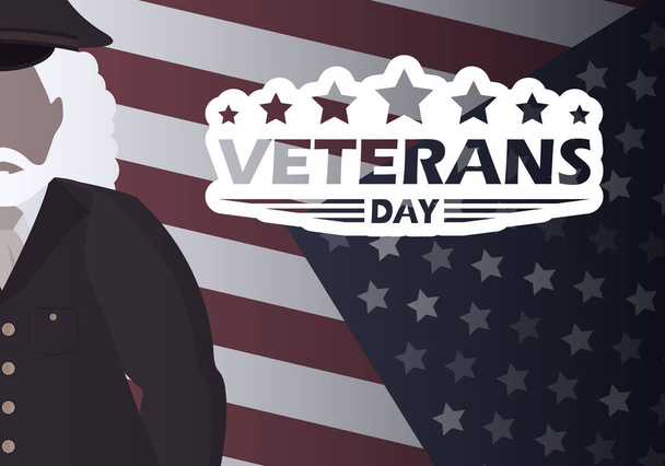 Veterans day banner with a wished man in uniform. Vector illustration. - Вектор,изображение