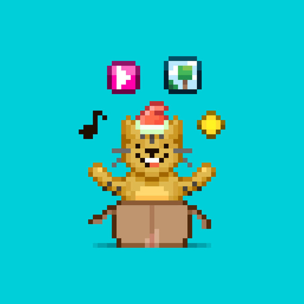 colorful simple flat pixel art illustration of cartoon smiling tiger in santa red hat sitting in an open cardboard box, cat juggling symbols overhead musical note, video player, picture and coin - Διάνυσμα, εικόνα