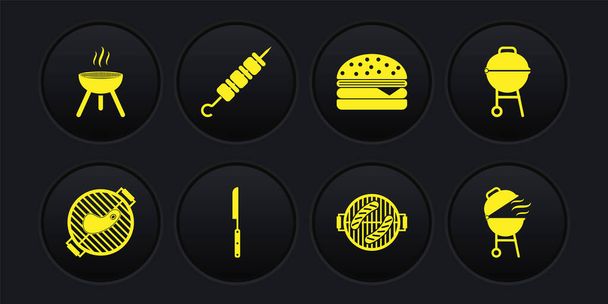 Set Barbecue grill with steak, knife, sausage, Burger, Grilled shish kebab, and icon. Vector - ベクター画像