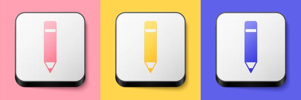 Isometryczny ołówek z ikoną gumki wyizolowany na różowym, żółtym i niebieskim tle. Narzędzia do rysowania i edukacji. Symbol biura szkolnego. Kwadratowy. Wektor - Wektor, obraz