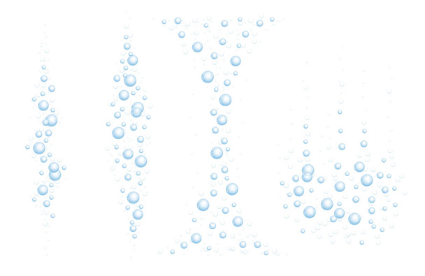 Underwater bubbles of fizzing soda. Streams of air. Dissolving tablets. Realistic oxygen pop in effervescent drink. Blue vector sparkles on white background. - Vector, Image