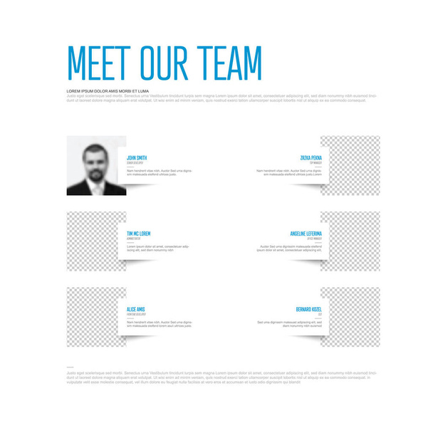 Plantilla de presentación del equipo de la compañía con marcadores de posición de fotos del perfil del equipo y algunos textos de muestra sobre cada miembro del equipo: versión ligera y acento azul en los nombres de los miembros del equipo - Vector, Imagen