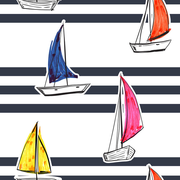 Blue stripe with hand drawn sailboats seamless pattern nautical mood ,Design for fashion , fabric, textile, wallpaper, cover, web , wrapping and all prints - Wektor, obraz