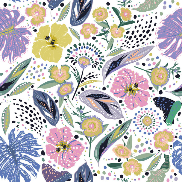 Colour and fresh Hand drawn blooming graden floral ,Botanical leaf i,many kind of flowers with stylish polka dots seamless pattern vector,Design for fashion , fabric, textile, wallpaper, cover, web , wrapping and all prints  - Vector, imagen