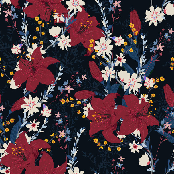 Seamless floral pattern in the night garden with different kind of flower ,Design for fashion,fabric,textiles,wallpaper,wrapping and all prints on navy blue background color - Vector, Image