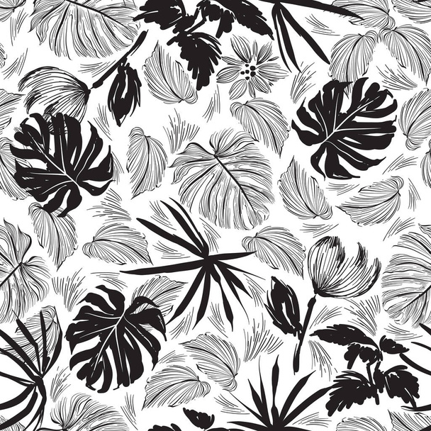 Stylish Minimal hand drawn sketch tropical leaves brushed strokes style Black and white mood Design for fashion , fabric, textile, wallpaper, cover, web , wrapping and all prints - Vektör, Görsel