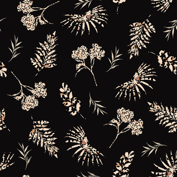 Stylish silhouette of botanical ,planrt and flowers fill-in with amimal Leopard skin print seamless pattern in vector Eps10 ,Design for fashion , fabric, textile, wallpaper, cover, web , wrapping and all prints on black - Vector, Imagen
