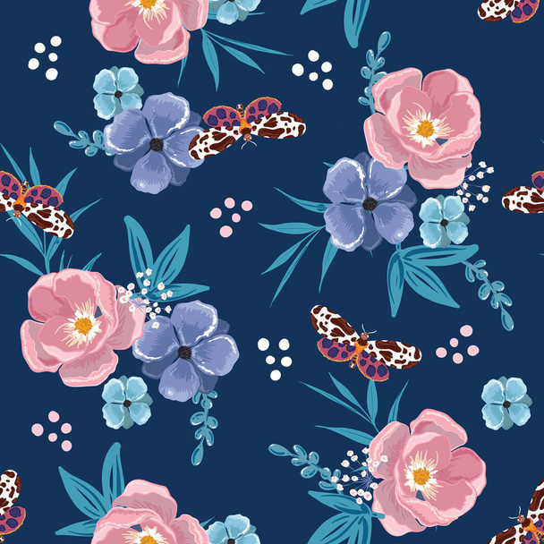 Vector Blooming floral seamless pattern with summer butterflies vector EPS10 ,Design for fashion , fabric, textile, wallpaper, cover, web , wrapping and all prints on dark blue color - Vektori, kuva