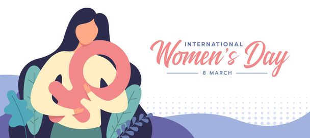міжнародний жіночий день - жінка обіймає жіночий символ і листя на абстрактному фоні фіолетової текстури Векторний дизайн
 - Вектор, зображення