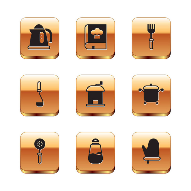 Set Electric kettle, Spatula, Salt, Manual coffee grinder, Kitchen ladle, Fork, Oven glove and Cookbook icon. Vector - ベクター画像
