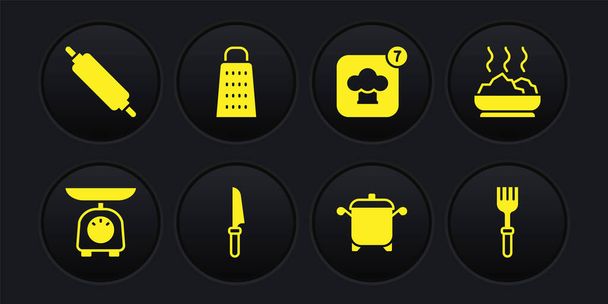 Set Scales, Bowl of hot soup, Knife, Cooking pot, Chef hat, Grater, Fork and Rolling pin icon. Vector - Vetor, Imagem