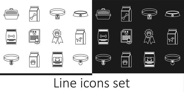 Set line Collar, Bag of food for dog, Dog collar, Certificate cat, pet, Pet carry case, award symbol and icon. Vector - Vetor, Imagem