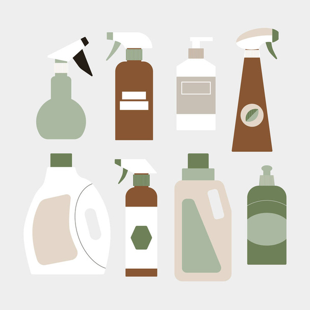 Fournitures de bouteilles nettoyantes biologiques. Set d'illustration de paquets de détergents biodégradables plats éco. - Vecteur, image