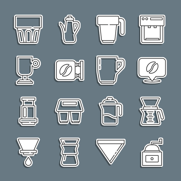 Set line Manual coffee grinder, Pour over maker, Location with bean, Coffee cup, Street signboard, Irish, Glass water and icon. Vector - Vector, Image