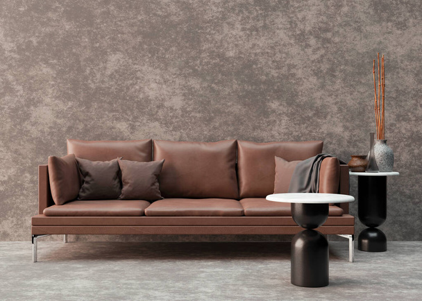 Empty concrete wall in modern living room. Mock up interior in minimalist style. Free space, copy space for your picture, text, or another design. Brown leather sofa. 3D rendering. - Zdjęcie, obraz