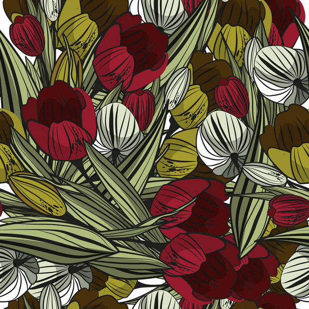 A postcard for Women's Day on March 8. Colorful, graphic tulips. Spring, vector illustration. Botany. International Women's Day. Seamless pattern of colors. An unusual bouquet of flowers. - Διάνυσμα, εικόνα