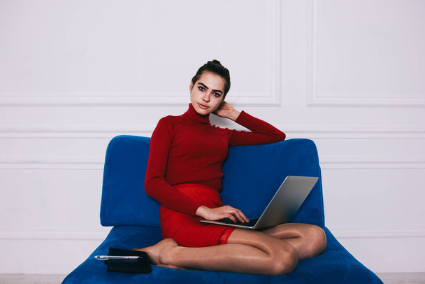 Young female in red sweater and red skirt sitting on knees on blue sofa surfing internet on laptop and looking at camera - 写真・画像