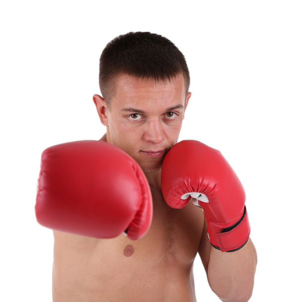 Handsome young muscular sportsman with boxing gloves isolated on white - Foto, Imagem