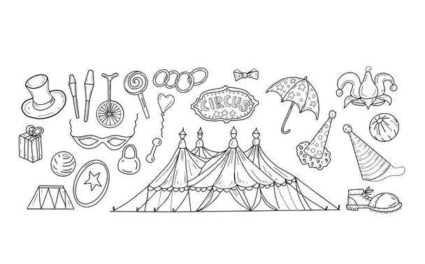 Circus arena doodle schizzo elementi grafici disegnati a mano clown cappello, manubri tendone bici stivali da colorare libro per bambini - Vettoriali, immagini