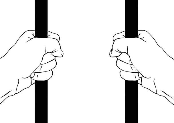 prisoner's hands closed on bars. Black and white vector drawing - Vektör, Görsel