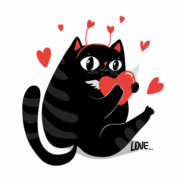 Cute black cat character holding red heart. Funny cartoon cat for Valentines day. Greeting card, bammer, poster, print design ang other, baby print. White background Isolated - Vector, afbeelding