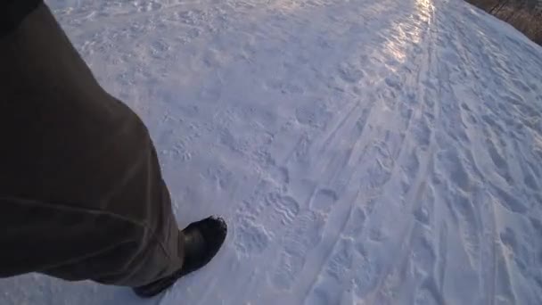 A man walks in the snow. Legs in trousers and boots take steps in a winter park. Sunny, January day. Day. Russia. Winter. - Záběry, video