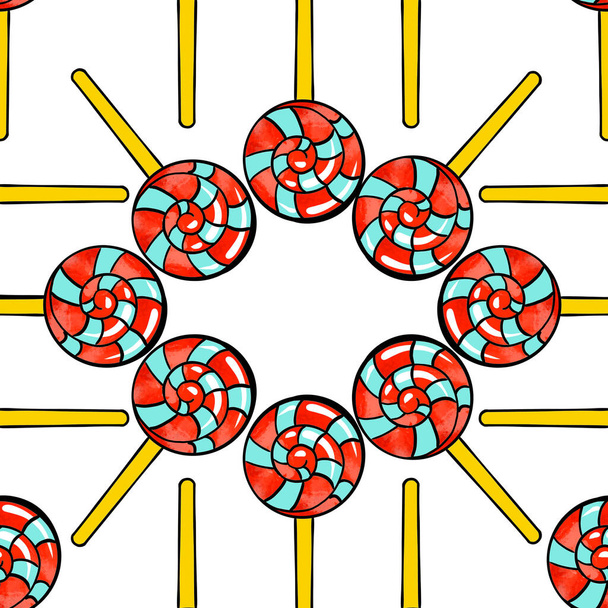 Naadloze raster patroon van snoep lolly in een ronde vorm op een stok op een witte geïsoleerde achtergrond - Foto, afbeelding