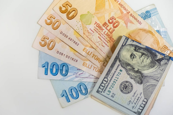 Turkish Lira and American Dollars. Financial crisis, exchange currency banknotes. Istanbul, Turkey - January 2022  - Zdjęcie, obraz