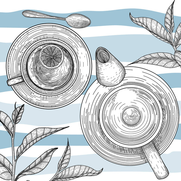  Vector illustration graphic linear tea cup, teapot, spoon, tea leaves on striped blue background - Wektor, obraz
