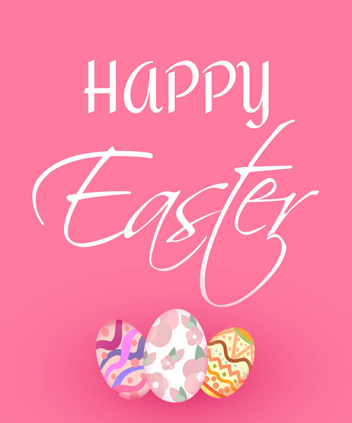 Happy Easter lettering greeting card pink background doodle colorful eggs flat cartoon banner template - Vektor, obrázek