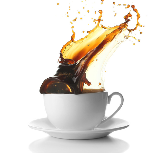Cup of coffee with splashes, isolated on white - Foto, Imagen