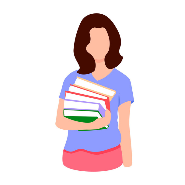 Woman flat illustration with books colorful cartoon isolated on white icon reading literacy day education library concept - Vektor, Bild