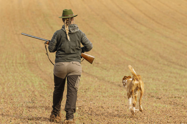 Hunter woman with shotgun hunting in the field. - Zdjęcie, obraz