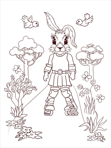 coloring book, the bunny on roller skates in the park - Vetor, Imagem