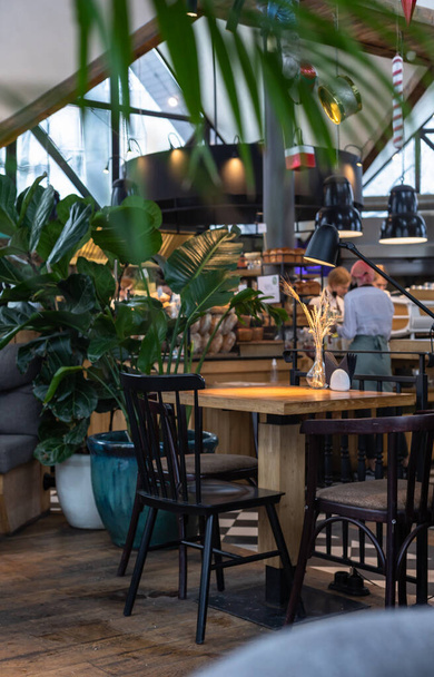 Details of the interior of modern cafe or coffee house with tropical plants, wooden tables, chairs and wheat ears in glass vase. Modern design concept. - Φωτογραφία, εικόνα