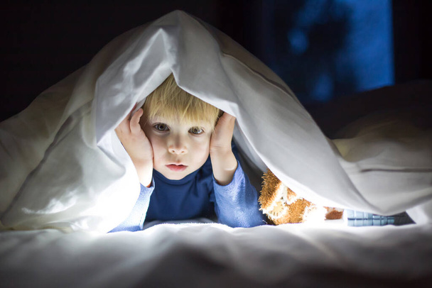 Adorable blond toddler child, cute boy, reading little book with little toy next to him under the duvet in bed - Photo, Image